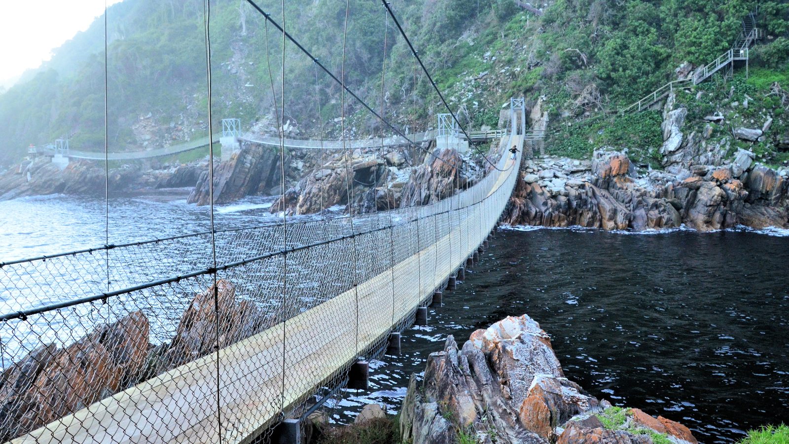 Hangbrug over de donkere monding van de Storms River tussen rotsen en bebost kustgebergte, Tsitsikamma